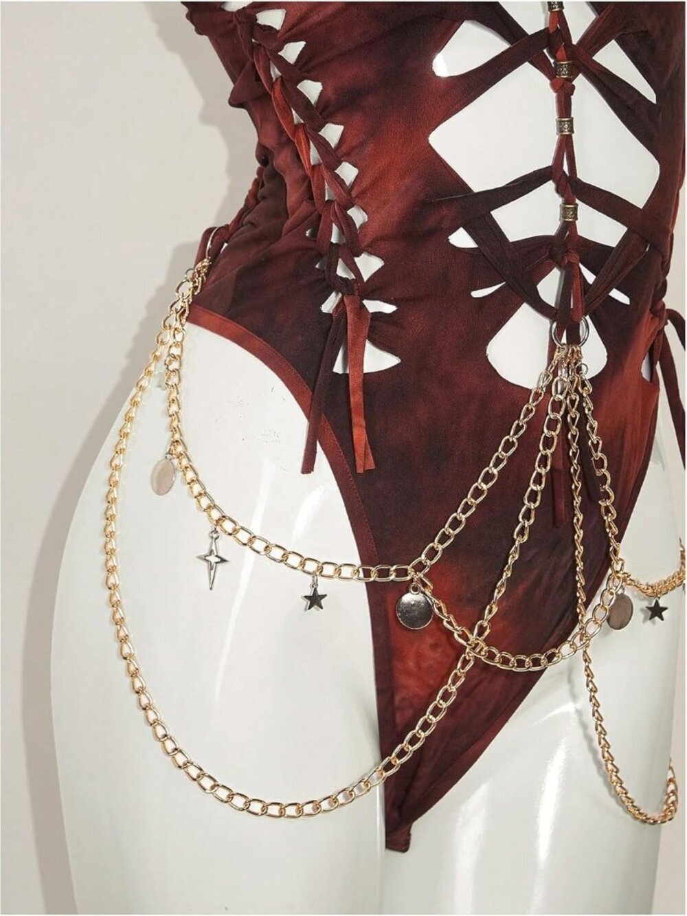 Women's Rust Brown Gothic Cut Out Lace Up Bodysuit Going Out Halter Neck Rave - Picture 4 of 5